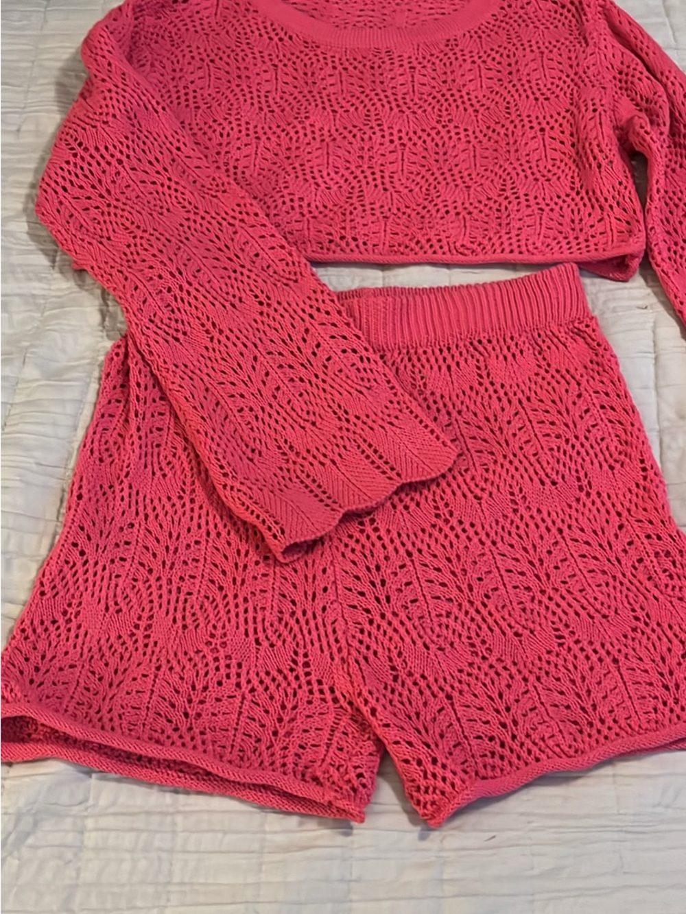 High-Waist Pink Crochet Knit Shorts and Top Set